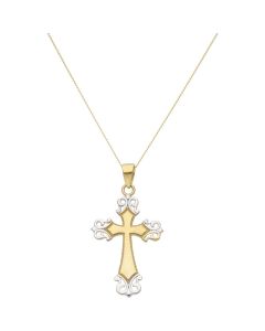 New 9ct Yellow & White Gold Scroll Design Cross Pendant Necklace