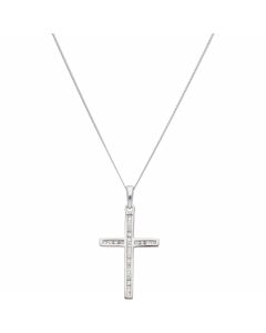 New 9ct White Gold Diamond Cross Pendant & 18" Chain Necklace