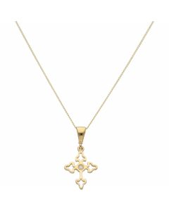 New 9ct Yellow Gold Genstone Set Cross & 18" Chain Necklace