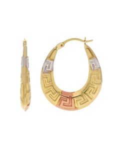 New 9ct 3 Colour Gold Greek Key Oval Creole Hoop Earrings