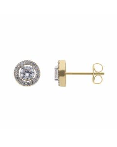 New 9ct Yellow Gold Cubic Zirconia Halo Cluster Stud Earrings