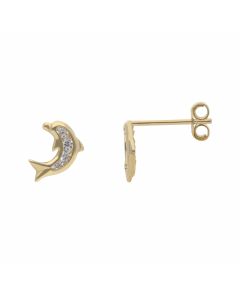 New 9ct Yellow Gold Cubic Zirconia Dolphin Stud Earrings