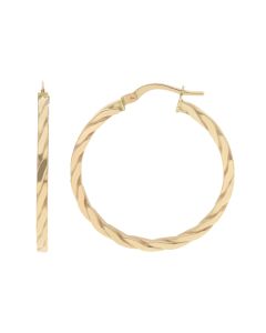 New 9ct Yellow Gold 30mm Flat Twisted Hoop Earrings