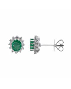 New 18ct White Gold Emerald & Diamond Oval Cluster Stud Earrings