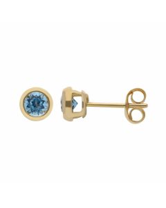 New 9ct Yellow Gold Round Blue Topaz Stud Earrings
