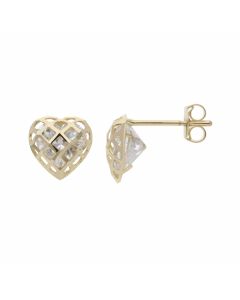 New 9ct Yellow Gold Cubic Zirconia Heart Caged Stud Earrings