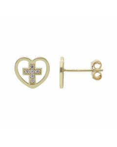 New 9ct Yellow Gold Cubic Zirconia Cross Heart Stud Earrings