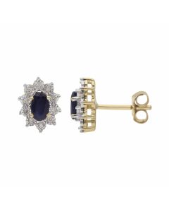 New 9ct Gold Sapphire & Diamond Oval Cluster Stud Earrings