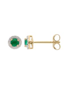 New 9ct Yellow Gold Emerald & Diamond Round Stud Earrings