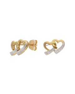 New 9ct Yellow Gold Diamond Double Heart Stud Earrings