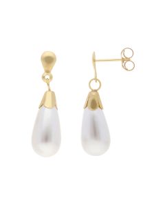New 9ct Yellow Gold Simulated Pearl Drop Earrings