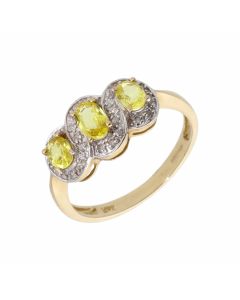 New 9ct Gold Yellow Sapphire & Diamond 3 Stone Cluster Ring