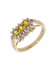 New 9ct Gold Yellow Sapphire & Diamond Triple Cluster Ring