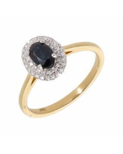 New 9ct Yellow Gold Sapphire & Diamond Oval Halo Cluster Ring