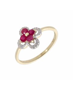 New 9ct Yellow Gold Ruby & Diamond Flower Cluster Dress Ring