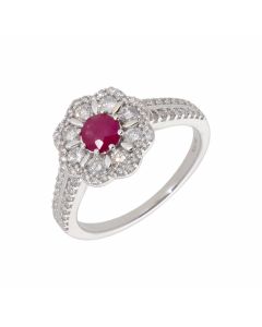 New 9ct White Gold Ruby & Diamond Vintage Style Cluster Ring