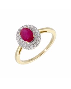 New 9ct Yellow Gold Ruby & Diamond Oval Halo Cluster Ring