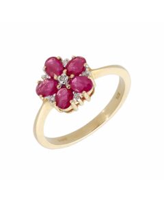 New 9ct Yellow Gold Ruby & Diamond Flower Cluster Ring