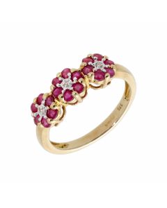 New 9ct Yellow Gold Ruby & Diamond Triple Cluster Dress Ring