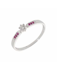 New 9ct White Gold Diamond Solitaire with Ruby Shoulder Ring