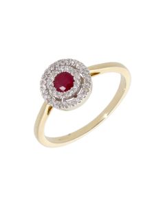 New 9ct Yellow Gold Ruby & Diamond Halo Cluster Ring