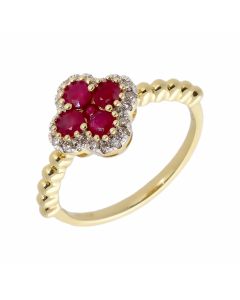 New 9ct Yellow Gold Ruby & Diamond Four-Leaf Clover Cluster Ring