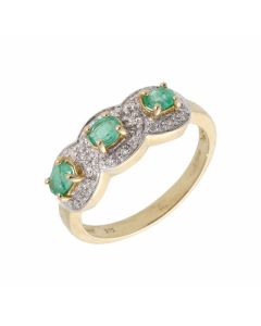 New 9ct Yellow Gold Emerald & Diamond Triple Cluster Dress Ring