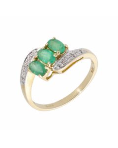 New 9ct Yellow Gold Emerald & Diamond Trilogy Twist Dress Ring
