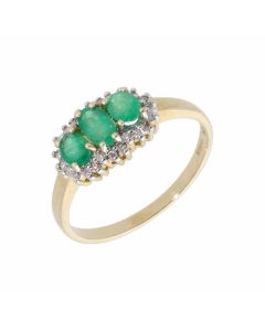 New 9ct Yellow Gold Emerald & Diamond Trilogy Cluster Dress Ring
