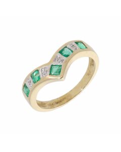 New 9ct Yellow Gold Emerald & Diamond Wishbone Design Ring