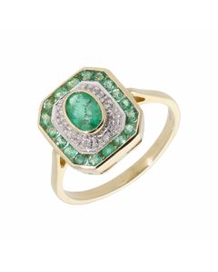 New 9ct Yellow Gold Emerald & Diamond Cluster Dress Ring