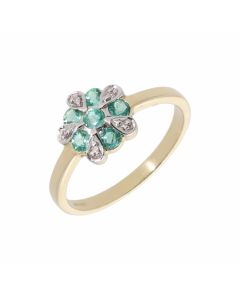 New 9ct Yellow Gold Emerald & Diamond Flower Cluster Ring