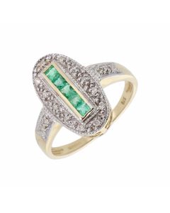 New 9ct Yellow Gold Emerald & Diamond Vintage Style Dress Ring