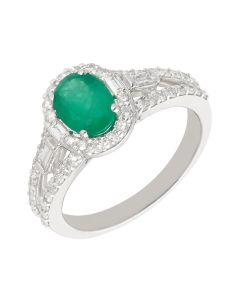 New 9ct White Gold Emerald & Diamond Oval Cluster Ring