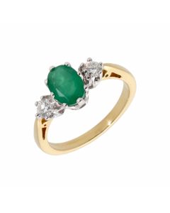 New 18ct Yellow Gold Emerald & Diamond Trilogy 3 Stone Ring
