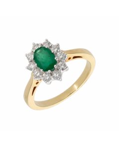New 18ct Yellow Gold Emerald & Diamond Oval Cluster Ring