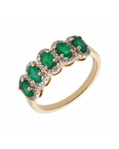 New 9ct Yellow Gold Emerald & Diamond 5 Stone Cluster Ring