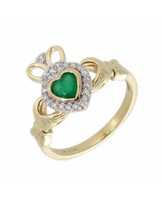 New 9ct Yellow Gold Emerald & Diamond Claddagh Ring