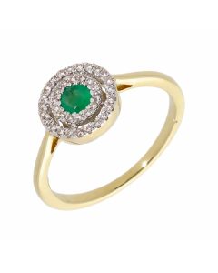 New 9ct Yellow Gold Emerald & Diamond Round Halo Cluster Ring