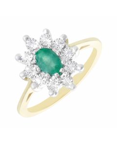 New 9ct Yellow Gold Emerald & Diamond Oval Cluster Ring