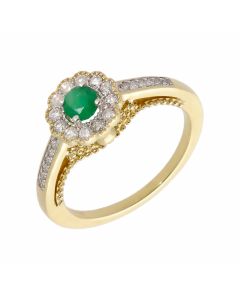 New 9ct Yellow Gold Emerald & Diamond Vintage Style Cluster Ring