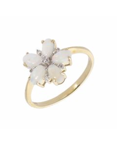 New 9ct Yellow Gold Opal & Diamond Flower Cluster Dress Ring