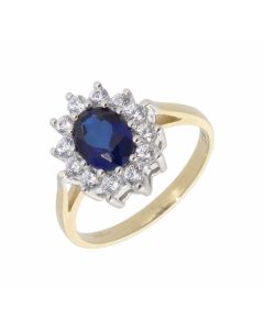 New 9ct Yellow Gold Blue & White Cubic Zirconia Cluster Ring