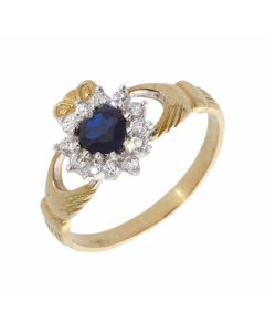 New 9ct Yellow Gold Blue & White Cubic Zirconia Claddagh Ring