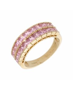 New 9ct Yellow Gold Pink Cubic Zirconia 2 Row Dress Ring