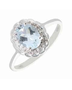 New 9ct White Gold Aquamarine & Diamond Oval Cluster Ring