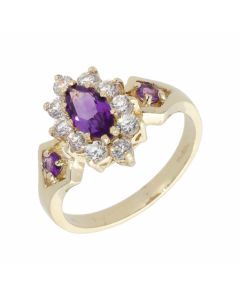 New 9ct Yellow Gold Amethyst & Cubic Zirconia Cluster Ring