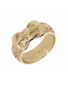 New 9ct Yellow Gold Patterned Double Buckle Ring