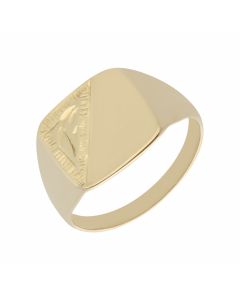 New 9ct Yellow Gold Part Patterned Cushion Shaped Signet Ring