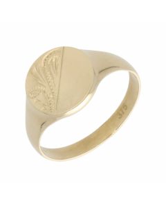 New 9ct Yellow Gold Round Half Engraved Signet Ring